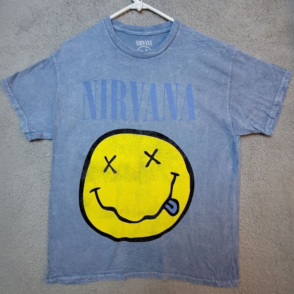 Nirvana Tee Shirt Men's Retro Graphic Burnout Blue on Blue Smiley Face Size XL